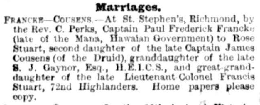 Francke - Cousens marriage 1880